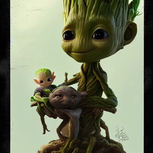 Image similar to Cute Elven baby Groot and Yoda by Greg Rutkowski and Pixar, asymmetrical, Organic Painting , Matte Painting, geometric shapes, hard edges, street art, trending on the artstation, realistic, high quality:2 by Sachin Teng:4