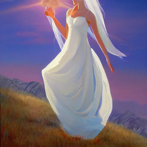 Prompt: a painting of a woman in a white dress pondering life as she watches the sun set, a painting by ansel adams, deviantart, fantasy art, sunrays shine upon it, deviantart, mystical