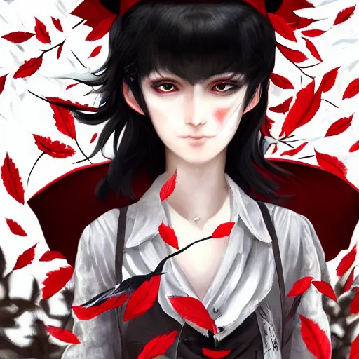 Prompt: portrait of female crow tengu journalist aya shameimaru with short black hair topped with tiny red tokin hat, has black wings, wearing a white shirt and a black and autumn leaf patterned skirt, 4 k digital illustration by ross tran, andrei riabovitchev, marc simonetti, yoshitaka amano