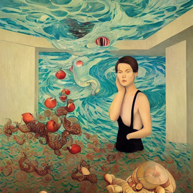 Prompt: tall female artist holding a nautilus in her flooded kitchen, pomegranates, window, octopus, water gushing from ceiling, painting of flood waters inside an artist's apartment, a river flooding indoors, ikebana, zen, rapids, waterfall, black swans, canoe, berries, acrylic on canvas, surrealist, by magritte and monet