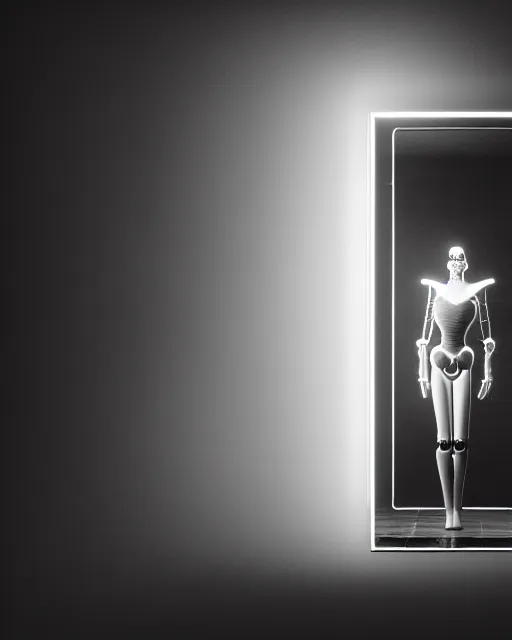 Image similar to black and white high quality photo of a beautiful female AI vegetal-cyborg looking into a sci-fi mirror, volumetric lighting, liminal space, brutalism, foggy, dreamy, hyperdetailed, bokeh, photorealistic, cinematic, masterpiece, Metropolis, elegant, dark, by Man Ray in the style of Horst P. Horst, octane render, 8K,