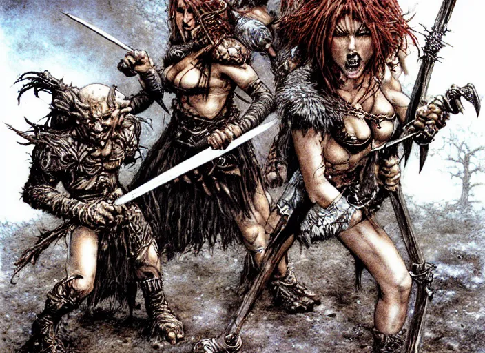 Image similar to bald barbarian girl fights goblins by Luis Royo, Richard Corben