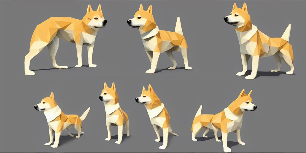 Image similar to concept art of low polygon 3 d render of shiba inu, doge meme, multiple variations, dynamic gestures