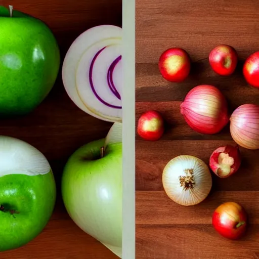 Image similar to balance with one apple in one side and one onion in the other