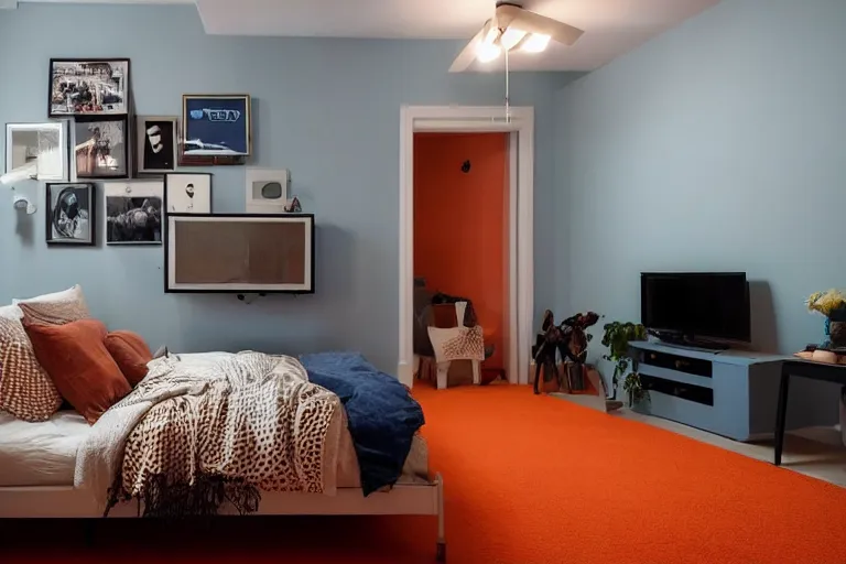 Image similar to an apartment with a small bed, big desk, two wooden wardrobes, a little wodden side table, a window, desk fan, table light, and an old TV, navy blue carpet, and a ceiling fan gives off a dim orange light