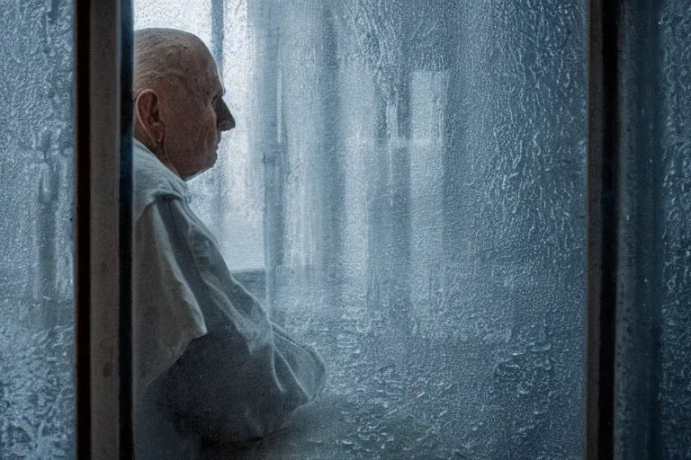 Image similar to a cinematic painting of an old male prisoner inside of jail cell looking out of a small frosted window, beautiful lighting, high depth, ultra realistic, artistic, by annie leibovitz, by gregory crewdson, blue color theme