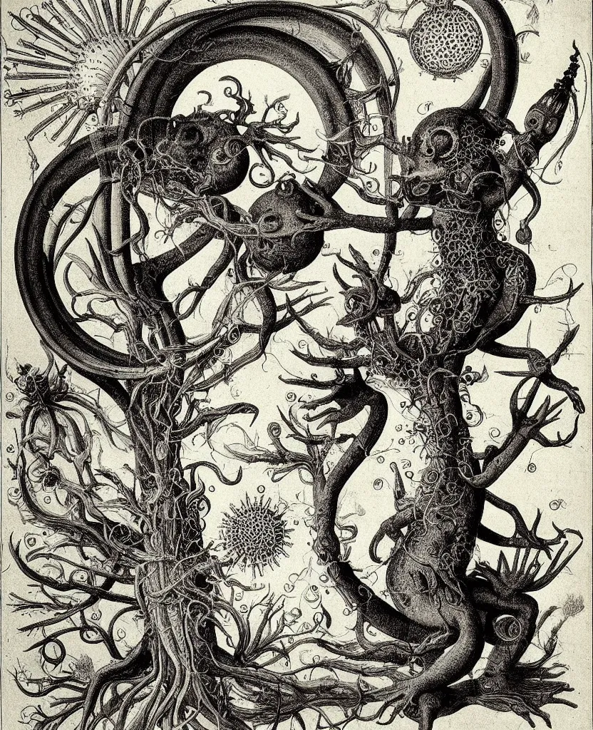 Image similar to whimsical freaky creature sings a unique canto about'as above so below'being ignited by the spirit of haeckel and robert fludd, breakthrough is iminent, glory be to the magic within