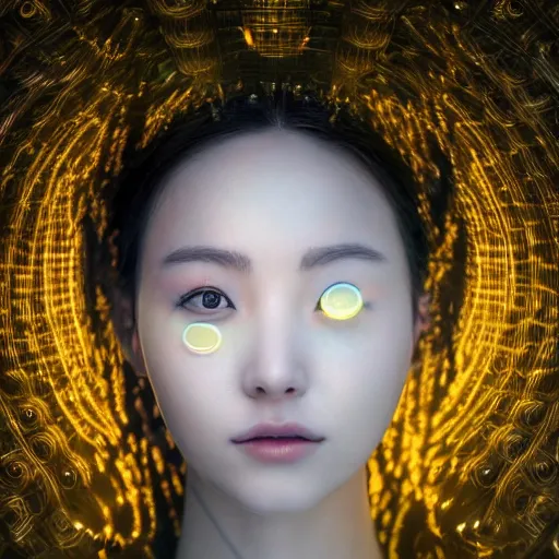 Image similar to beautiful centered fine art photo portrait of hoyeon jung as a solarpunk robotic humanoid withwhite mechanical parts with led lights, bathing in a calm lake, ultra - detailed and intricate, white background, sun lighting, soft focus, slow exposure hdr 8 k