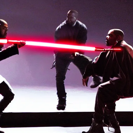 Image similar to kanye west vs drake lightsaber duel, cinematic, realistic