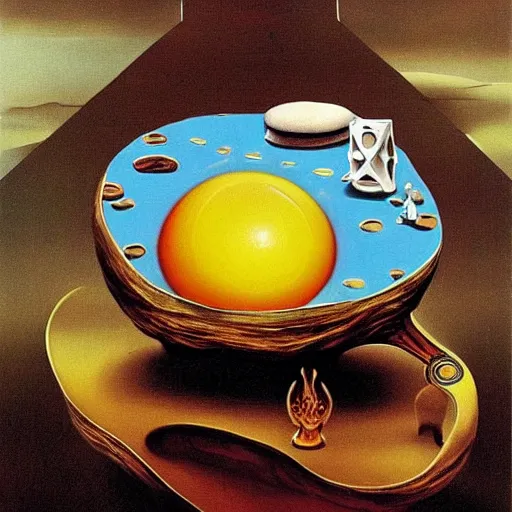 Prompt: a melting fried egg on a chessboard in a surreal landscape, surrealism, by Salvador Dali, intricate, complex, highly detailed, masterpiece