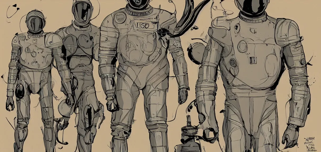 Image similar to male, full body, space suit with a modern helmet, large shoulders, short torso, long thin legs, tiny feet, character sheet, science fiction, very stylized character design, digital painting, by mike mignola, by alex maleev, jean giraud