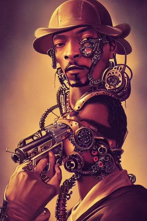 Image similar to 2 0 year old snoop dog as a steampunk cyborg gunslinger, portrait, cyber western, neon, duster, fantasy, intricate, elegant, highly detailed, digital painting, artstation, concept art, sharp focus, illustration, art by artgerm and greg rutkowski and alphonse mucha