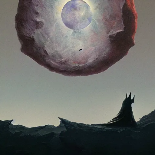 Image similar to psychedelic concept art illustration of Batman with a dark moon in the far distance, trending on artstation, by zdzisław beksiński, 3d render, octane render, intricately detailed artwork, full 8k high quality resolution, recently just found unknown masterpiece