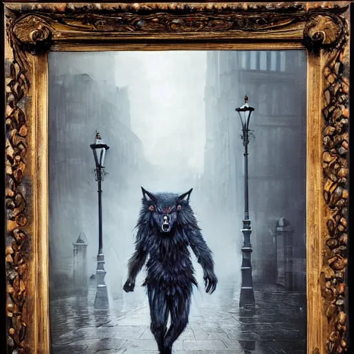 Image similar to terrifying werewolf walking through the center of old london city, oil painting, gloomy misty atmosphere, symmetrical, full body image, highly ornate intricate details, very sharp photo,