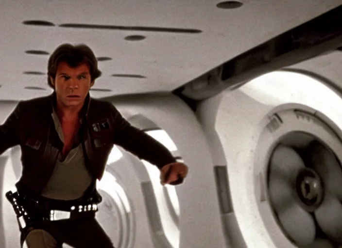 Image similar to screenshot of Han Solo dressed up as an imperial, iconic scene from 1970s spy thriller film directed by Stanley Kubrick, in a sci-fi shipping port, last jedi, 4k HD, cinematic lighting, beautiful portraits of Harrison Ford, moody, stunning cinematography, anamorphic lenses, kodak color film stock