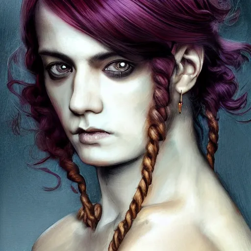 Image similar to portrait of a Shibari rope wrapped face and neck, headshot, insanely nice professional hair style, dramatic hair color, digital painting, of a old 18th century, tourist, witch, amber jewels, baroque, ornate clothing, scifi, realistic, hyper detailed, child, chiaroscuro, concept art, art by Franz Hals and Jon Foster and Ayami Kojima and Amano and Karol Bak,