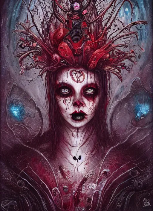 Prompt: queen of hearts, alien, skull, highly detailed, cinematic, 8 k, by megan duncanson, benjamin lacombe, adrian borda, stanley artgermm, tom bagshaw, craig mullins, carne griffiths, ayami kojima, beksinski, giger, trending on deviantart, hyper detailed, horror, full of colour