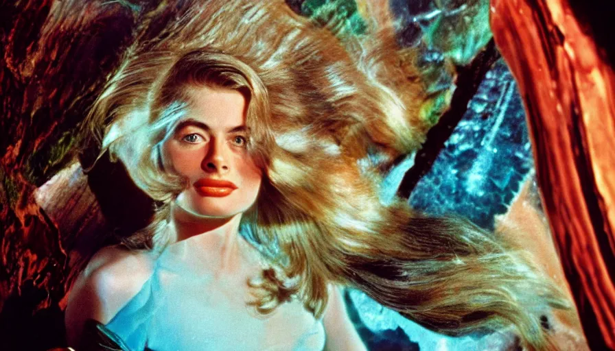 Image similar to film capture, young ingrid bergman as barbarella, exploring an alien planet. full colour. colourful. symmetrical face. symmetrical body. cinematic. 1 0 0 mm lens. realistic. photograph.