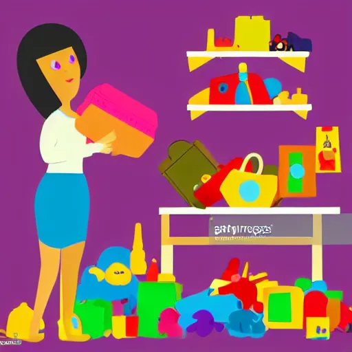 Prompt: a flat vector art scene of an open suitcase sits on a table, the open suitcase contains a vast pile of toys, the pile of toys rises all the way to the ceiling, the pile of toys blocks the background, a woman stands next to the table and suitcase, the woman holds more toys