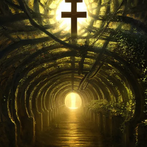 Image similar to a christian cross as the light at the end of the tunnel, with a few vines and overgrowth, concept art by Doug Chiang cinematic, realistic painting, high definition, digital art, symmetrical, very detailed, extremely high detail, photo realistic, concept art, unreal engine 5, bokeh, album cover