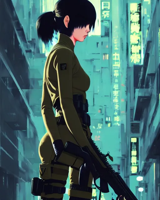 Image similar to girl wearing in tactical gear | | audrey plaza, fine detail!! anime!! realistic shaded lighting!! dramatic!! poster by ilya kuvshinov katsuhiro otomo ghost - in - the - shell, magali villeneuve, artgerm, jeremy lipkin and michael garmash and rob rey