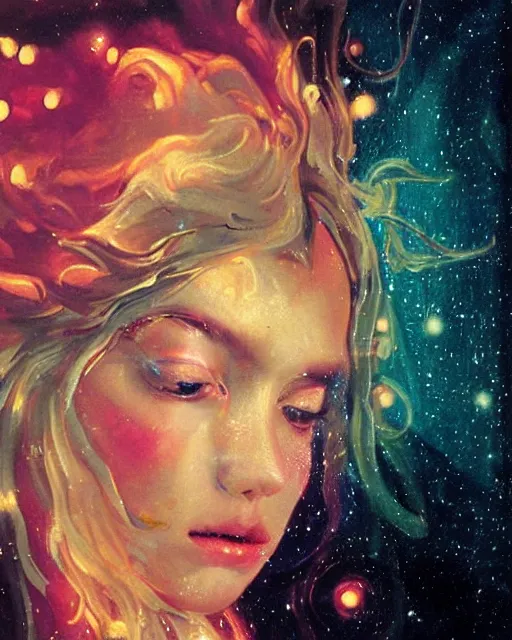 Image similar to a baroque painting of a gorgeous young woman in dead space, with wild blonde hair and haunted eyes, 1 9 7 0 s, space station, neon light showing injuries, delicate ex embellishments, painterly, offset printing technique