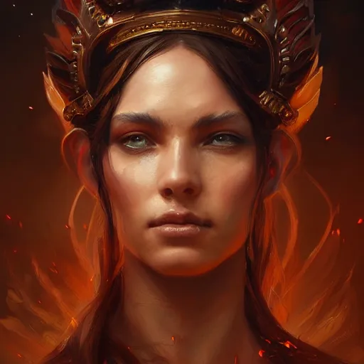 Image similar to a beautiful portrait of a fire goddess, a detailed painting by greg rutkowski and raymond swanland, featured on cgsociety, fantasy art, detailed painting, artstation hd, photorealistic, flaming background