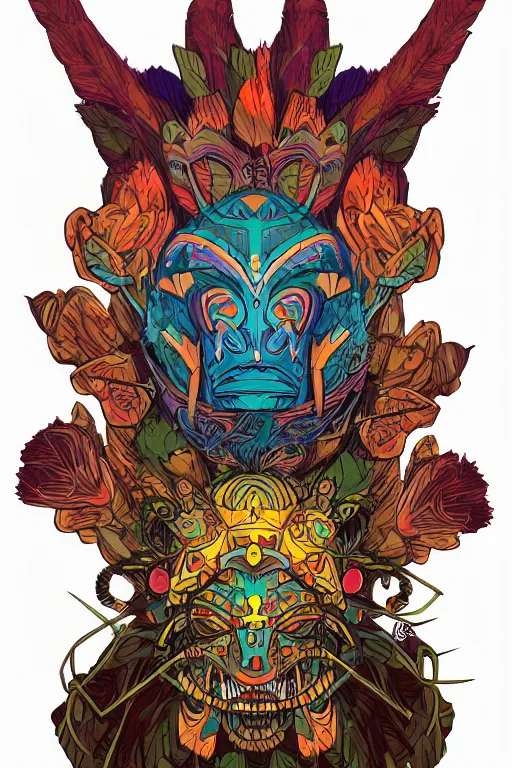 Image similar to animal mask totem roots flower tribal feather gemstone plant wood rock shaman vodoo video game vector cutout illustration vivid multicolor borderlands comics by josan gonzales and dan mumford radiating a glowing aura