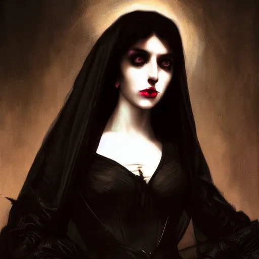 Prompt: Demonic beautiful vampire woman mistress of death mourning widow vintage gown with a faint smile dark lipstick, emerging from dark fog and smoke, colourful trending artstation, detailed portrait academic caravaggio Bouguereau, sharp focus medium shot