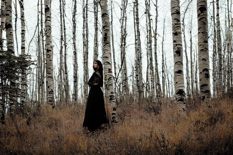 Image similar to a woman with dark, long hair, wearing a black lace dress, side view, standing at the edge of a dense forest of birch and aspen trees, cinematic lighting, film, overcast weather, dawn, jeremy lipking, jeremy mann, nick alm