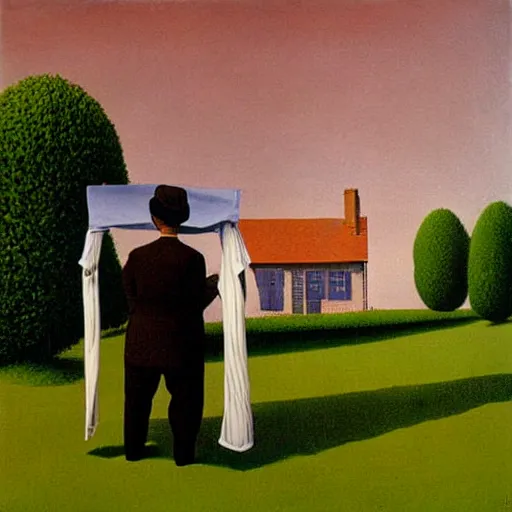 Prompt: mowing the laundry, surreal painting by magritte