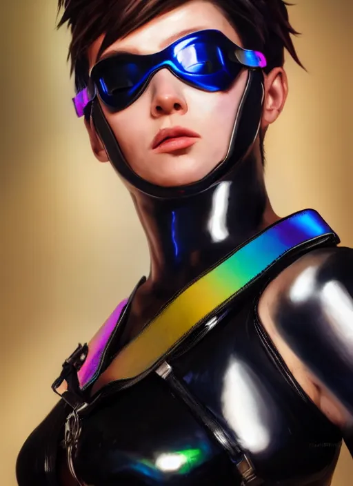 Prompt: realistic oil painting portrait of tracer overwatch, confident pose, wearing black iridescent rainbow latex, rainbow, neon, 4 k, expressive surprised expression, makeup, wearing detailed black leather collar, wearing sleek armor, studio lighting, black leather harness, expressive detailed face and eyes,