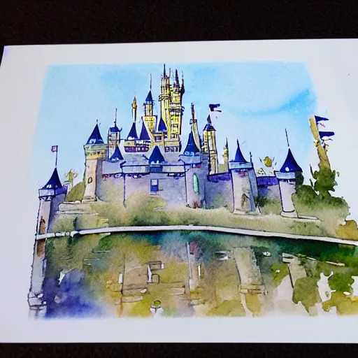 Prompt: a beautiful watercolour sketch print of the disney castle on a 3 0 0 gsm watercolour card