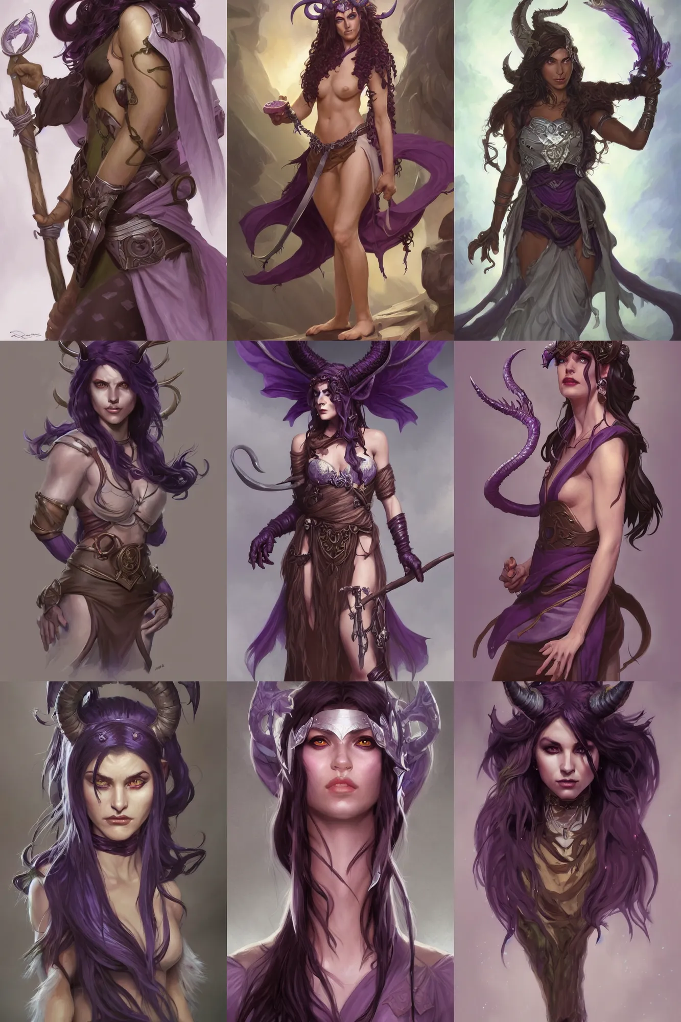 Image similar to Attractive Tiefling Druid, She has light brown skin, dark purple hair, and silver eyes full body, dungeons and dragons portrait, highly detailed, digital painting, artstation, concept art, sharp focus, illustration, art by artgerm and greg rutkowski and alphonse mucha