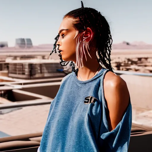 Image similar to photographic portrait of a streetwear woman, closeup, on the rooftop of a futuristic city overlooking a desert oasis, sigma 85mm f/1.4, 4k, depth of field, high resolution, 4k, 8k, hd, full color