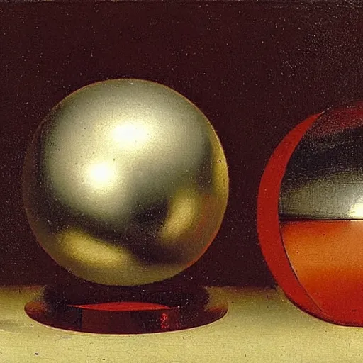 Prompt: chrome spheres on a red cube by balthasar van der ast