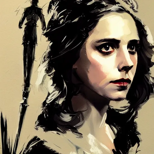 Image similar to alison brie as john snow, intricate, elegant, highly detailed, greg manchess, mucha, liepke, ruan jia, jeffrey catherine jones, ridley scott