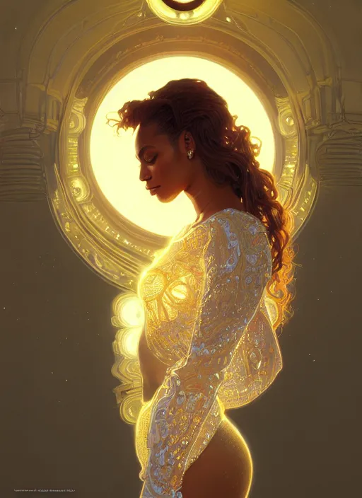 Image similar to portrait of beyonce, intricate, elegant, glowing lights, highly detailed, digital painting, artstation, glamor pose, concept art, smooth, sharp focus, illustration, art by wlop, alphonse mucha and greg rutkowski