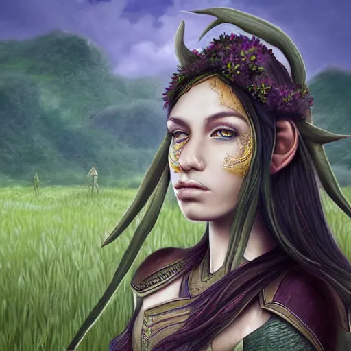 Image similar to fantasy portrait of an elf warrior with a field in the background, in the style of Josh Corpuz