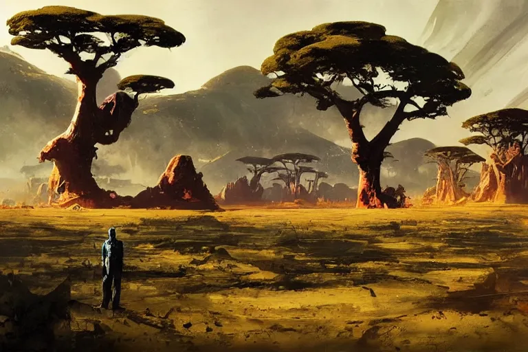 Image similar to 5 0 s pulp scifi illustration, spaceship lands in beautiful landscape, plain stretching into distance, pond, baobab trees, distant mountains, painted by john berkey, bergey, craig mullins, ruan jia, raymond swanland, jeremy mann, beksinski, jack kirby, tom lovell, alex malveda, schomburg