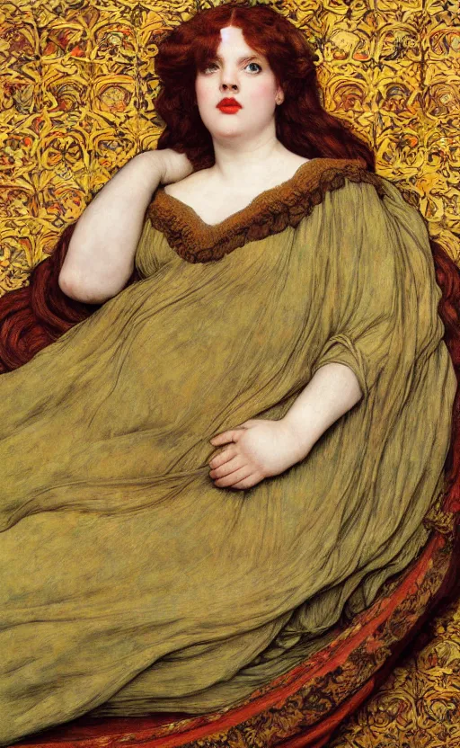 Prompt: preraphaelite full body reclining portrait photography masterpiece, face hybrid of judy garland and thin jo brand, foreshortening, brown hair fringe, yellow ochre ornate medieval dress, kilian eng and william holman hunt, frederic leighton, ford madox brown, william morris, framed, 4 k