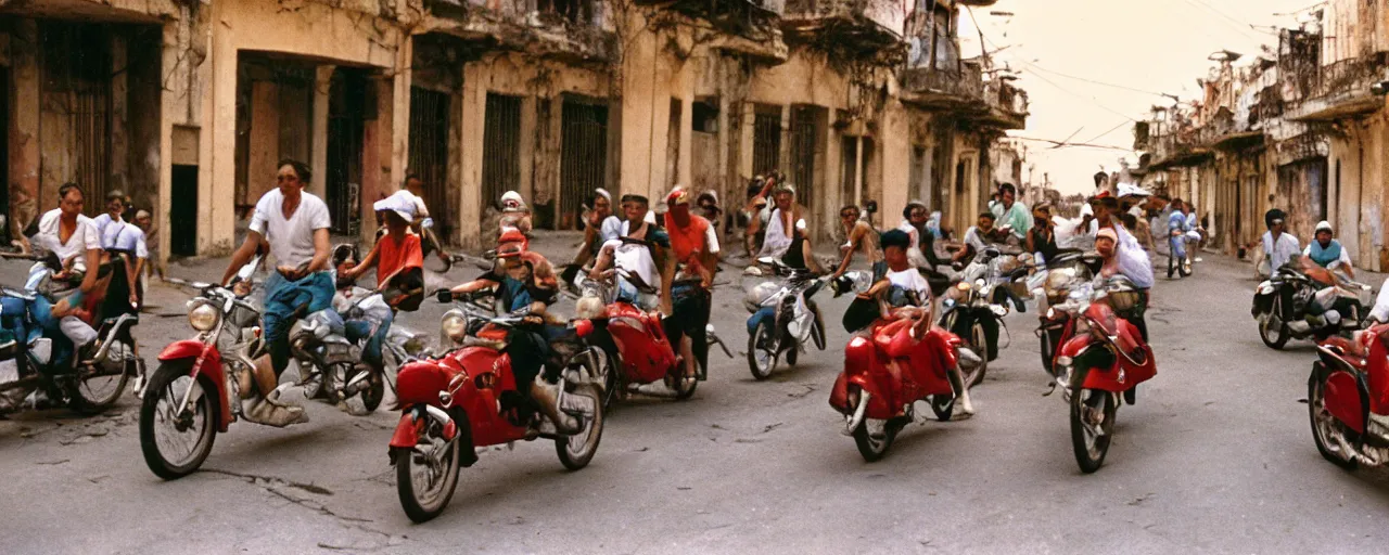 Prompt: a group of people in 1 9 5 0's cuba driving motorcycles made out of spaghetti, canon 5 0 mm, cinematic lighting, photography, retro, film, kodachrome