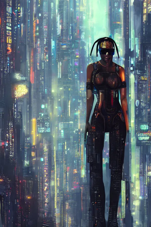 Image similar to a beautiful young Black woman, cyberpunk, Blade Runner city background, highly detailed, 8K, artstation, illustration, art by Gustav Klimt