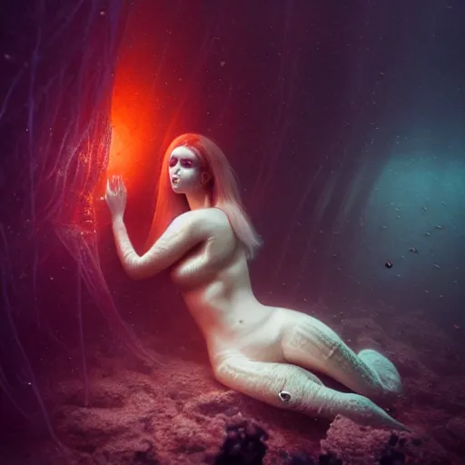 Image similar to ultra realistic horror photo of a dimly lit translucent female alien creature underwater, very intricate details, focus, full frame image, curvy, model pose, artwork by anna dittmann and greg rutkowski, award winning