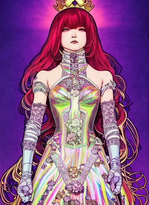 Prompt: highly detailed terada katsuya artgerm artstation rainbow reflection minaba hideo manga poster of princess mechine, long hair, armor, dress, laces, ruffles, 8 k, fluorescent, maximalist, jump comics, tomer hanuka, alphonse mucha