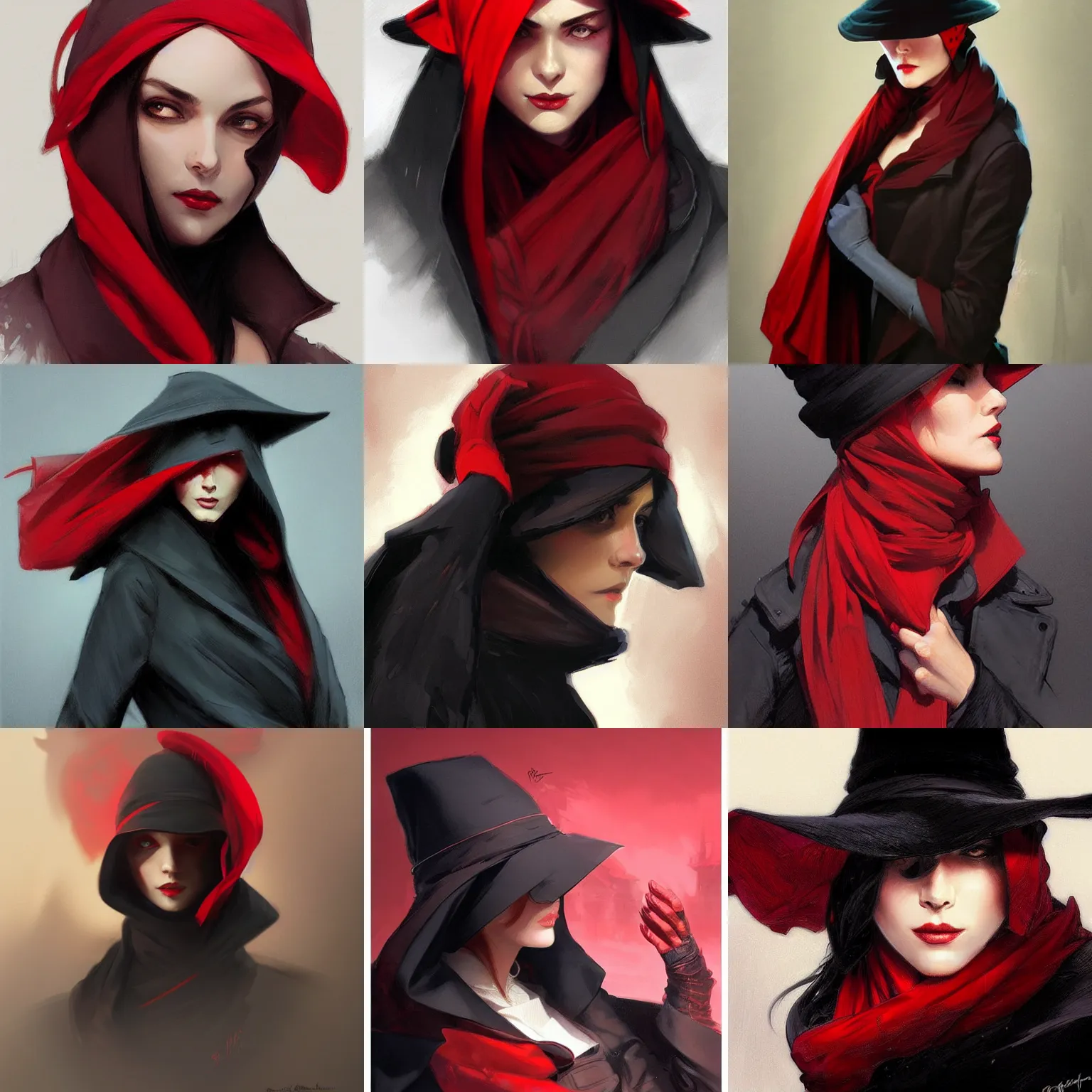 Prompt: the shadow, red scarf, black hat, black coat, highly detailed, digital painting, artstation, concept art, sharp focus, illustration, art by artgerm and greg rutkowski and alphonse mucha