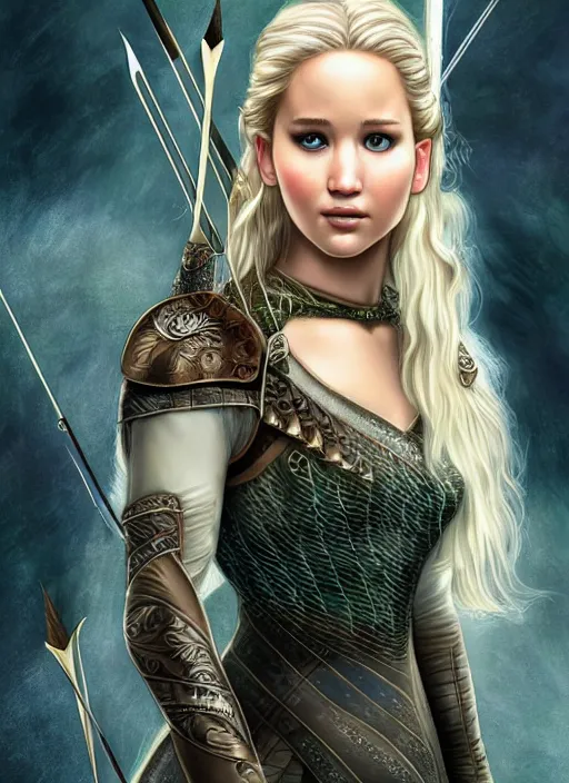 Prompt: Jennifer Lawrence as legolas, cute, fantasy, intricate, elegant, highly detailed, digital painting, 4k, HDR, concept art, smooth, sharp focus, illustration, art by artgerm and H R Giger and alphonse mucha