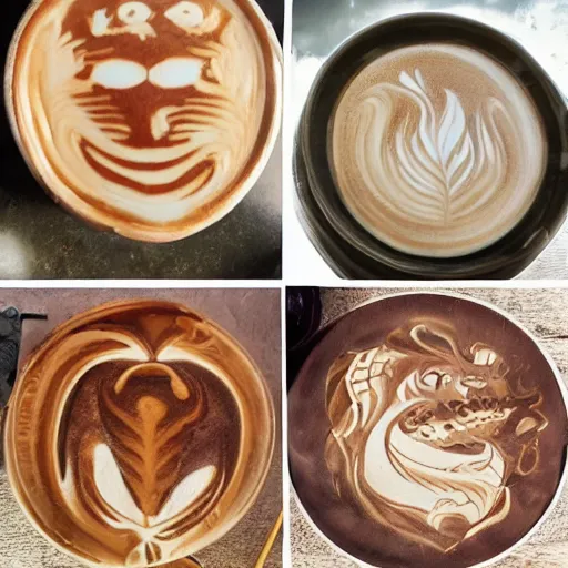 Image similar to photo, asian dragon head as latte art, dragon face, fire breath