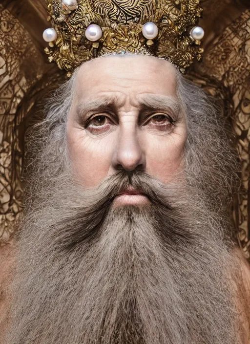 Image similar to hyperrealism, detailed textures, award winning autochrome photo, symetrical old bearded man pearl medusa king autochrome pearl portrait, pearl silverplate, intricate, detailed facial pearl animal mask, pearl, golden jewelery, silverplate, ultra realistic, cinematic, intricate, cinematic light by steve mccurry, unreal engine 8 k