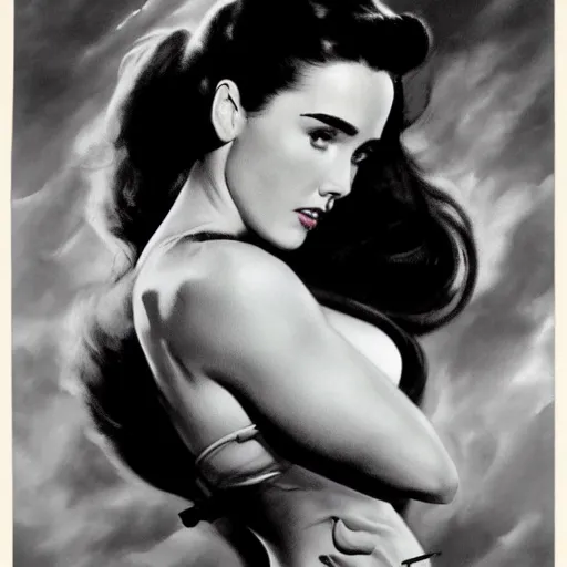 Prompt: frank frazetta jennifer connelly pin up, full body, 8 k, realistic, photo real, smooth, sharp, intricate detail, hyper detail, dramatic lighting, dramatic shading